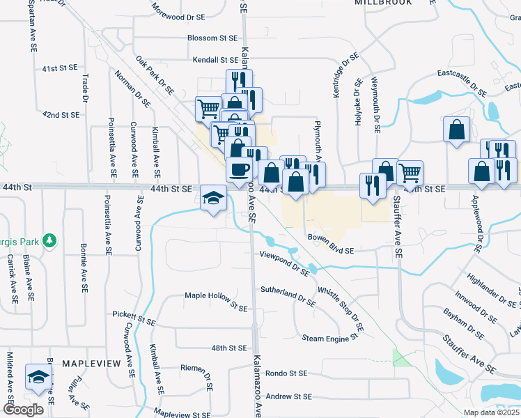 map of restaurants, bars, coffee shops, grocery stores, and more near 4479 Kalamazoo Avenue Southeast in Kentwood
