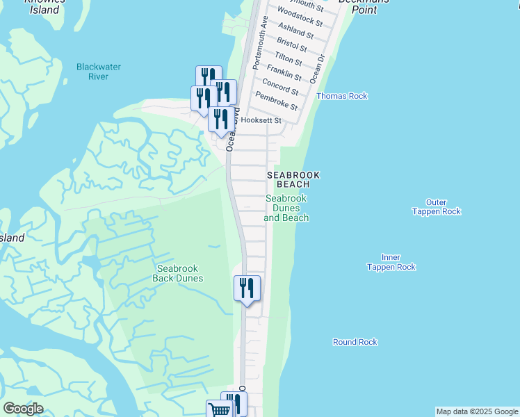 map of restaurants, bars, coffee shops, grocery stores, and more near 23 Chelmsford Street in Seabrook