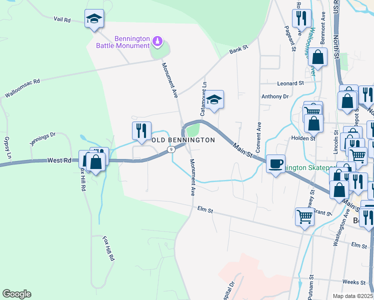 map of restaurants, bars, coffee shops, grocery stores, and more near in Bennington