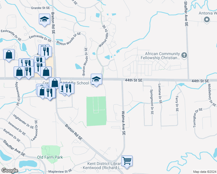 map of restaurants, bars, coffee shops, grocery stores, and more near 2710 44th Street Southeast in Kentwood