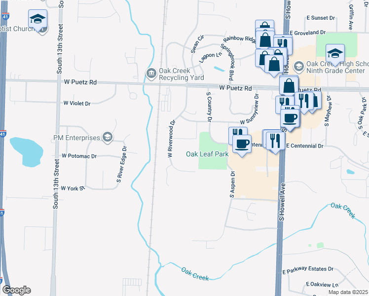 map of restaurants, bars, coffee shops, grocery stores, and more near 525 West Sunnyview Drive in Oak Creek