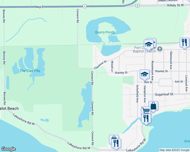 map of restaurants, bars, coffee shops, grocery stores, and more near 262 Lancaster Drive in Port Colborne