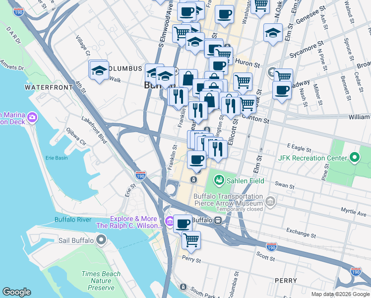 map of restaurants, bars, coffee shops, grocery stores, and more near 11 Church Street in Buffalo
