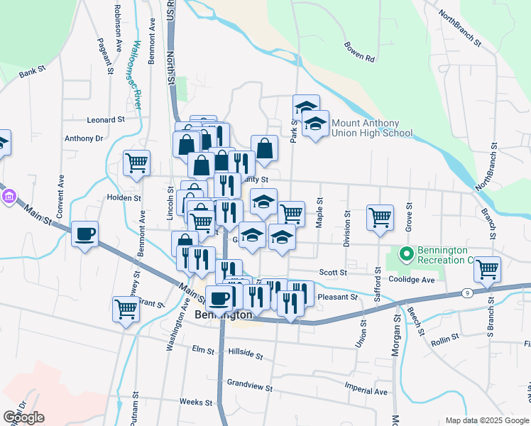 map of restaurants, bars, coffee shops, grocery stores, and more near 323 School Street in Bennington
