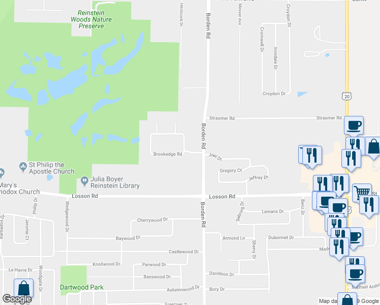 map of restaurants, bars, coffee shops, grocery stores, and more near 14 Brookedge Road in Depew