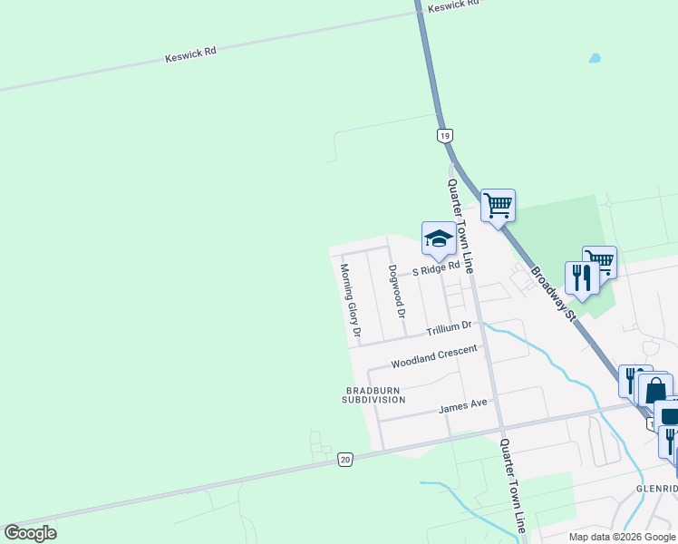 map of restaurants, bars, coffee shops, grocery stores, and more near 36 Morning Glory Drive in Tillsonburg