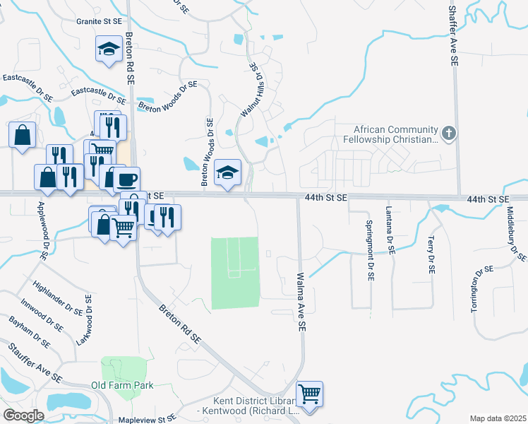 map of restaurants, bars, coffee shops, grocery stores, and more near 2718 44th Street Southeast in Kentwood