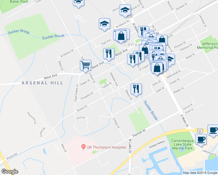 map of restaurants, bars, coffee shops, grocery stores, and more near 157 Telyea Street in Canandaigua