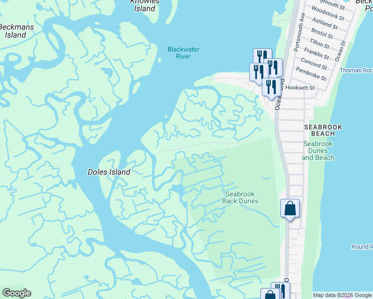 map of restaurants, bars, coffee shops, grocery stores, and more near 27 Cross Beach Road in Seabrook