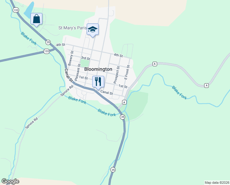 map of restaurants, bars, coffee shops, grocery stores, and more near 136 Prospect Street in Bloomington