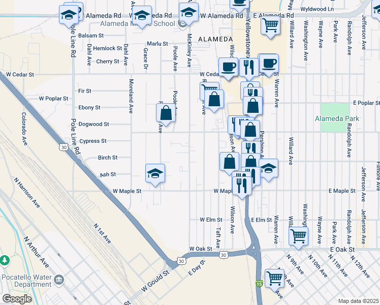 map of restaurants, bars, coffee shops, grocery stores, and more near 449 McKinley Avenue in Pocatello
