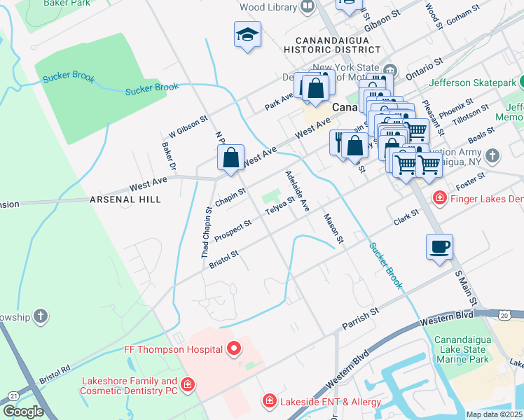 map of restaurants, bars, coffee shops, grocery stores, and more near 162 Telyea Street in Canandaigua
