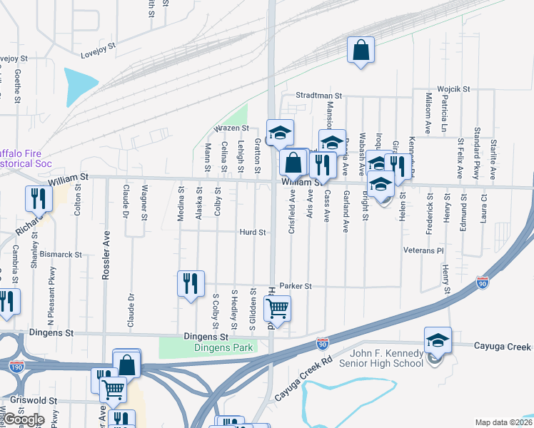 map of restaurants, bars, coffee shops, grocery stores, and more near 1481 Harlem Road in Buffalo