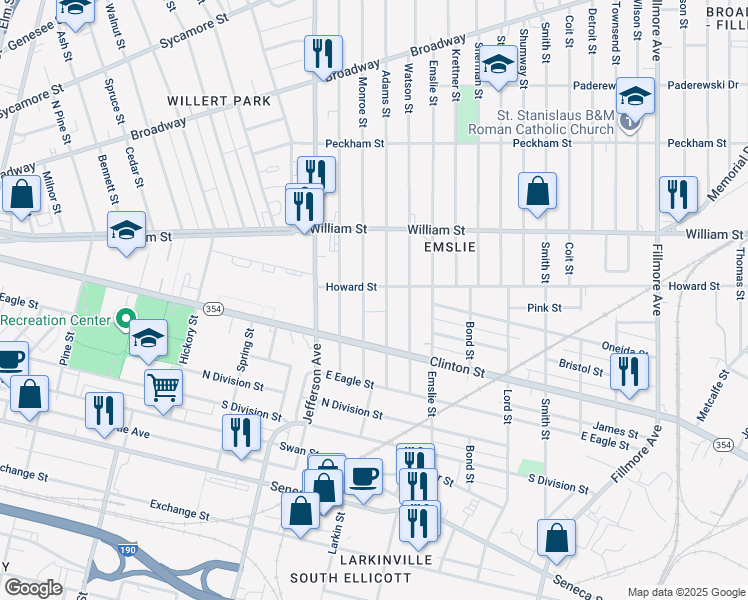 map of restaurants, bars, coffee shops, grocery stores, and more near 50 Howard Street in Buffalo