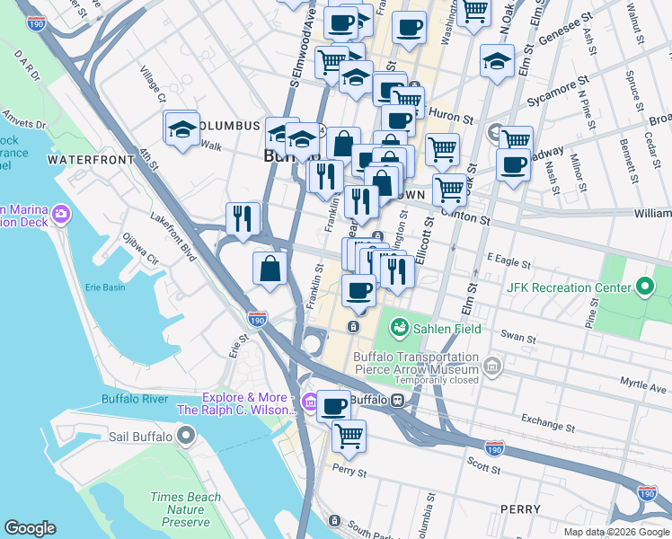 map of restaurants, bars, coffee shops, grocery stores, and more near 31 Church Street in Buffalo