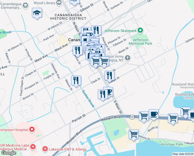 map of restaurants, bars, coffee shops, grocery stores, and more near 16 Clark Street in Canandaigua