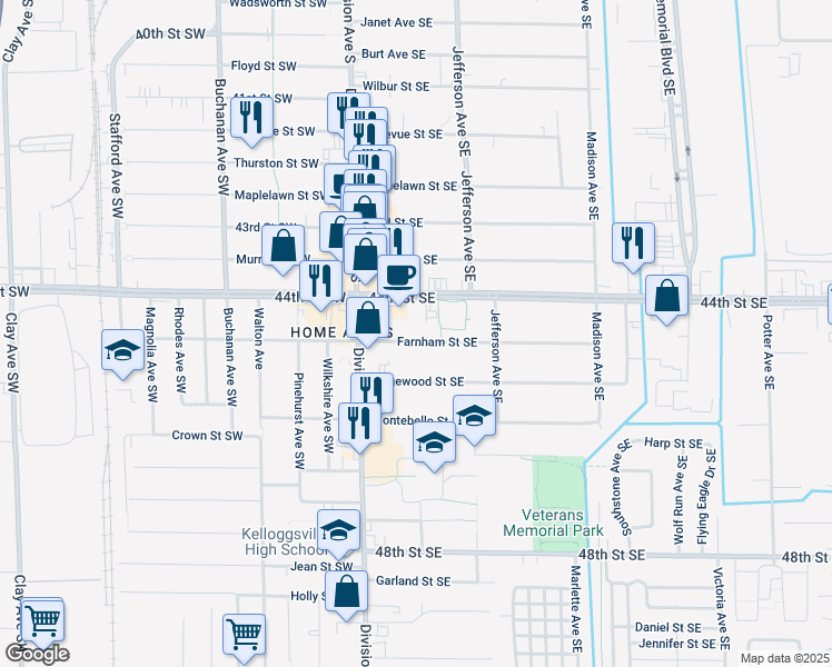 map of restaurants, bars, coffee shops, grocery stores, and more near 107 Farnham Street Southeast in Kentwood