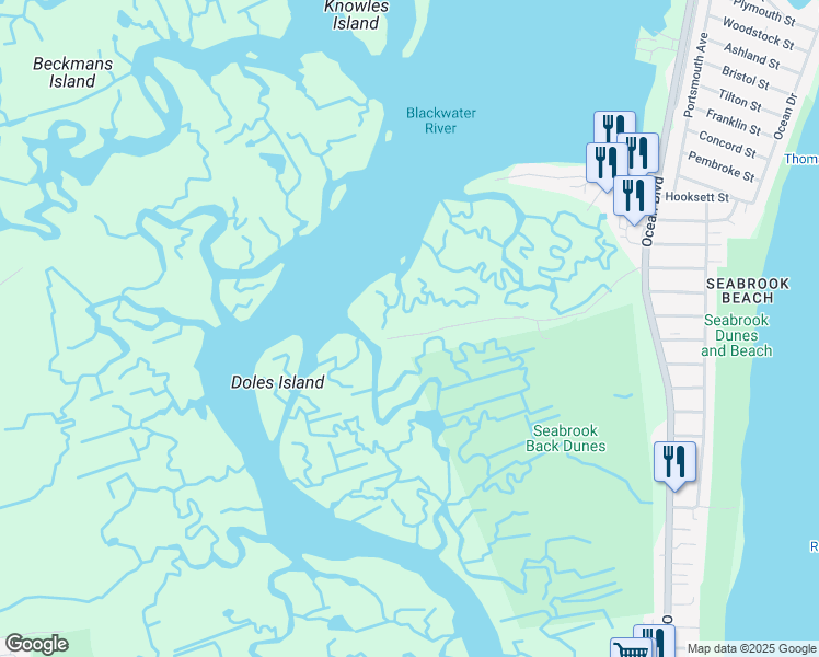 map of restaurants, bars, coffee shops, grocery stores, and more near 8 Cross Beach Road in Seabrook