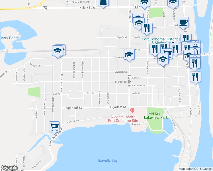 map of restaurants, bars, coffee shops, grocery stores, and more near 86 Clare Avenue in Port Colborne