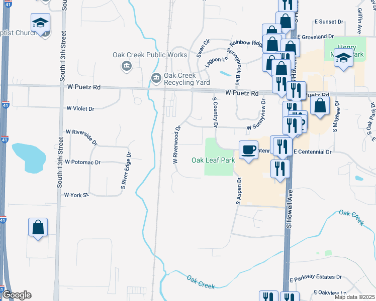 map of restaurants, bars, coffee shops, grocery stores, and more near 8900 South Wood Creek Drive in Oak Creek