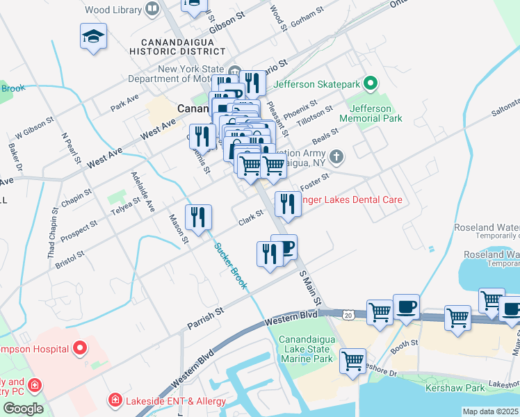 map of restaurants, bars, coffee shops, grocery stores, and more near 272 South Main Street in Canandaigua