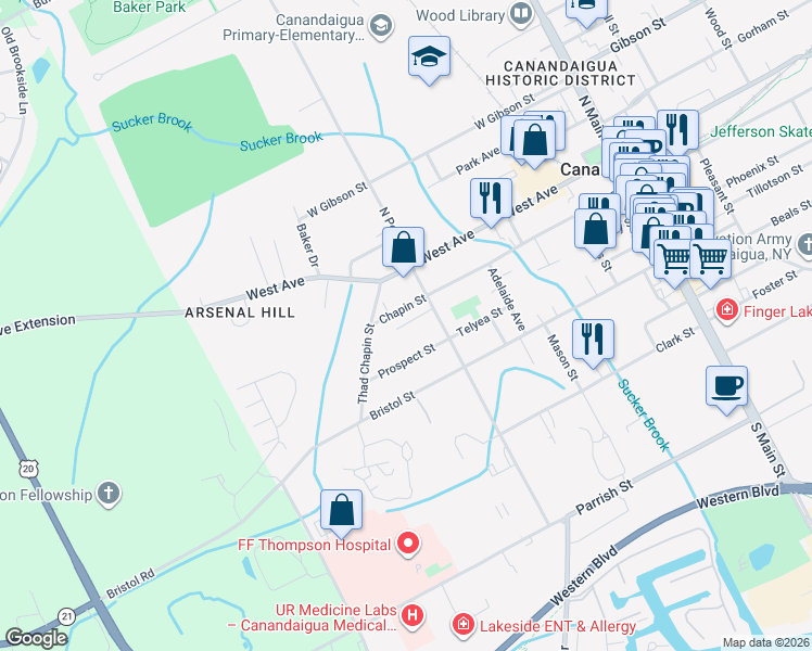map of restaurants, bars, coffee shops, grocery stores, and more near 230 Chapin Street in Canandaigua