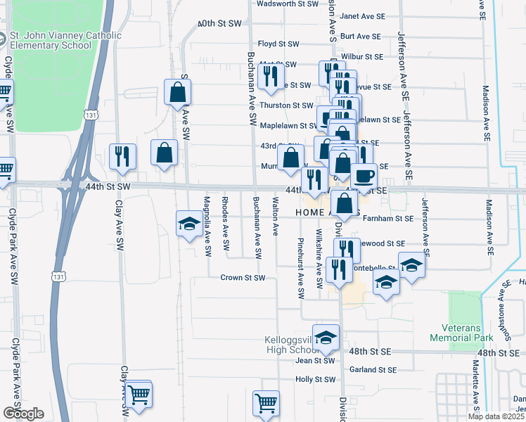 map of restaurants, bars, coffee shops, grocery stores, and more near 4418 Buchanan Avenue Southwest in Grand Rapids