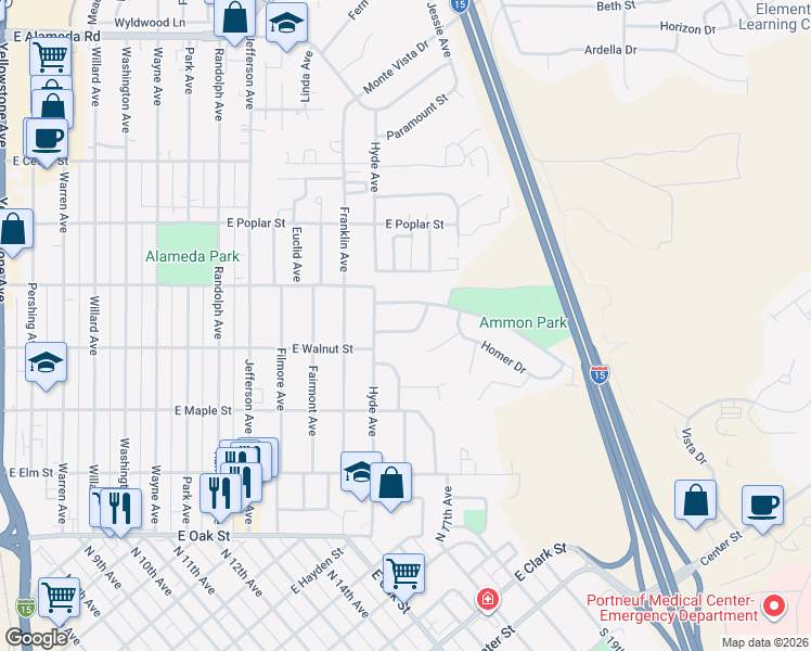 map of restaurants, bars, coffee shops, grocery stores, and more near 1341 Ammon Street in Pocatello