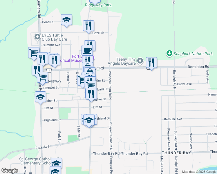 map of restaurants, bars, coffee shops, grocery stores, and more near 3600 Hibbard Street in Fort Erie