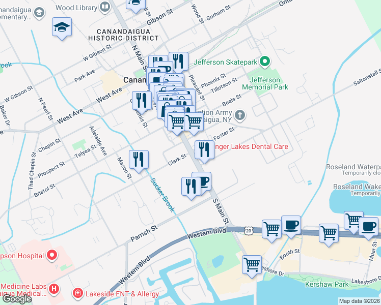 map of restaurants, bars, coffee shops, grocery stores, and more near South Main Street & Foster Street in Canandaigua