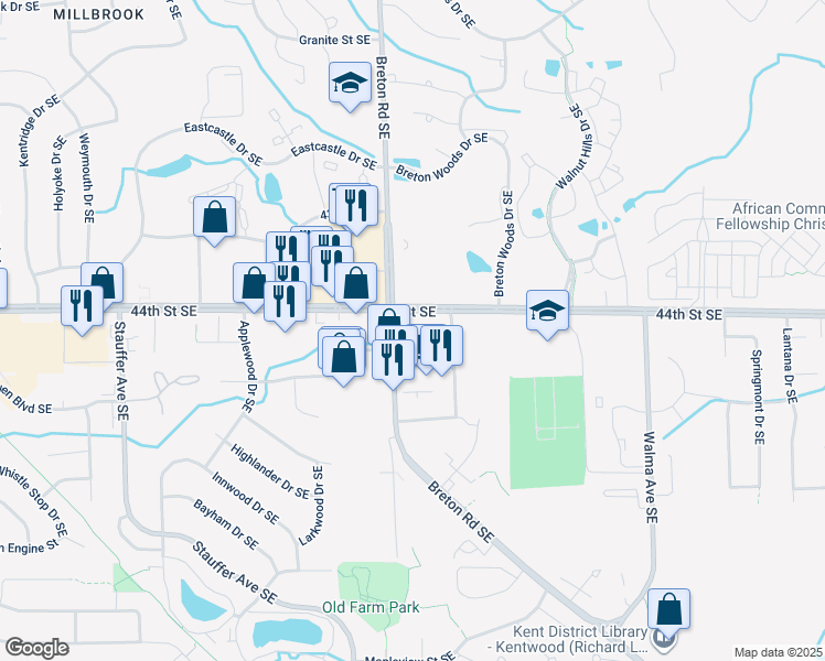 map of restaurants, bars, coffee shops, grocery stores, and more near 2470 44th Street Southeast in Kentwood