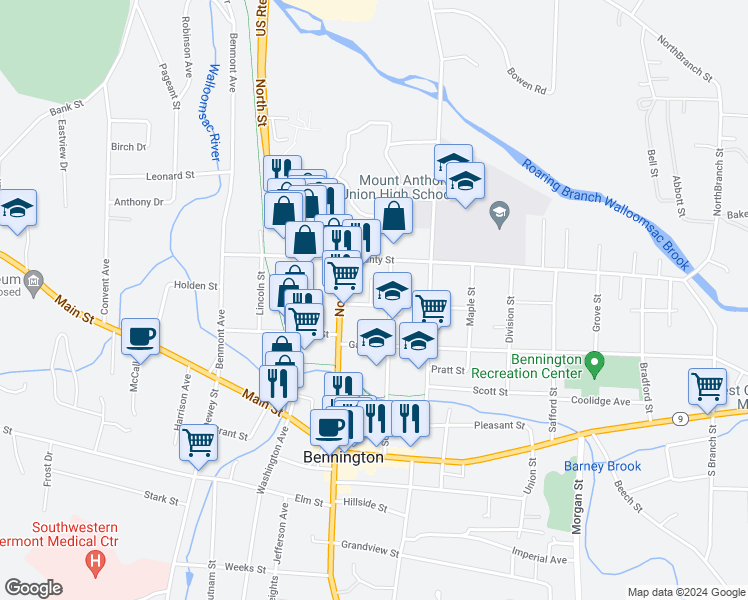 map of restaurants, bars, coffee shops, grocery stores, and more near 120 Adams Street in Bennington