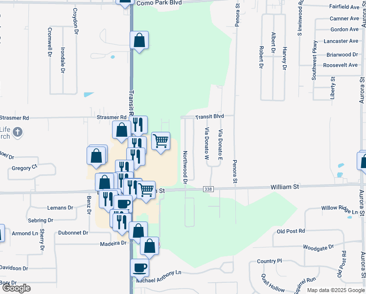 map of restaurants, bars, coffee shops, grocery stores, and more near 5001 Transit Road in Depew