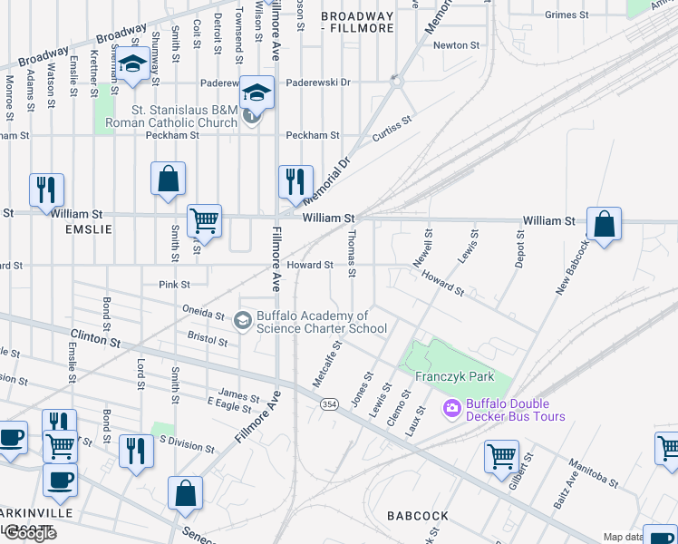map of restaurants, bars, coffee shops, grocery stores, and more near 482 Howard Street in Buffalo
