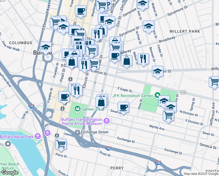 map of restaurants, bars, coffee shops, grocery stores, and more near in Buffalo