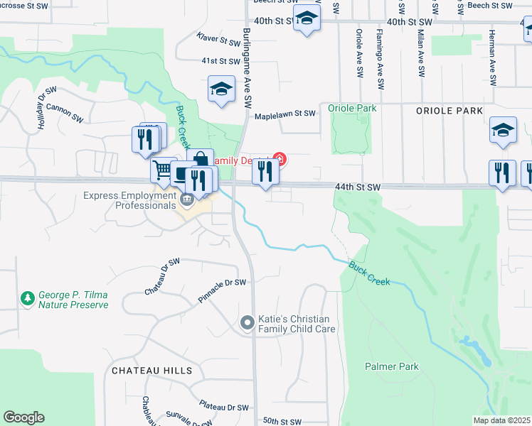 map of restaurants, bars, coffee shops, grocery stores, and more near Buck Creek Nature Preserve Trail in Wyoming