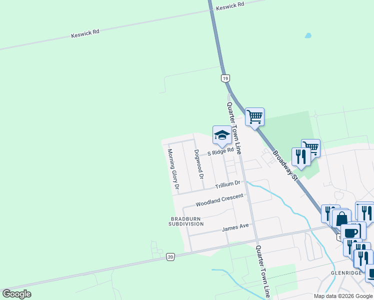map of restaurants, bars, coffee shops, grocery stores, and more near 34 Primrose Drive in Tillsonburg