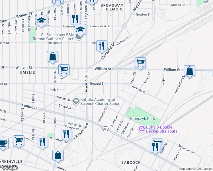 map of restaurants, bars, coffee shops, grocery stores, and more near 434 Howard Street in Buffalo