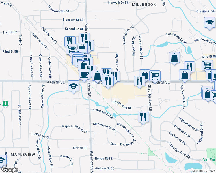 map of restaurants, bars, coffee shops, grocery stores, and more near 1710 44th Street Southeast in Kentwood