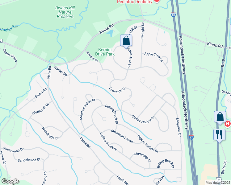 map of restaurants, bars, coffee shops, grocery stores, and more near 22 Leonardo Drive in Saratoga County