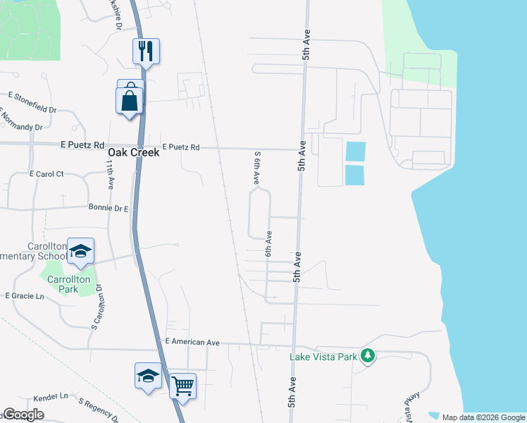 map of restaurants, bars, coffee shops, grocery stores, and more near 8839 6th Avenue in Oak Creek