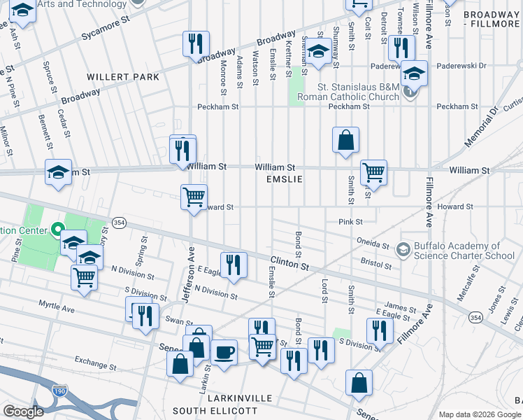 map of restaurants, bars, coffee shops, grocery stores, and more near 257 Emslie Street in Buffalo