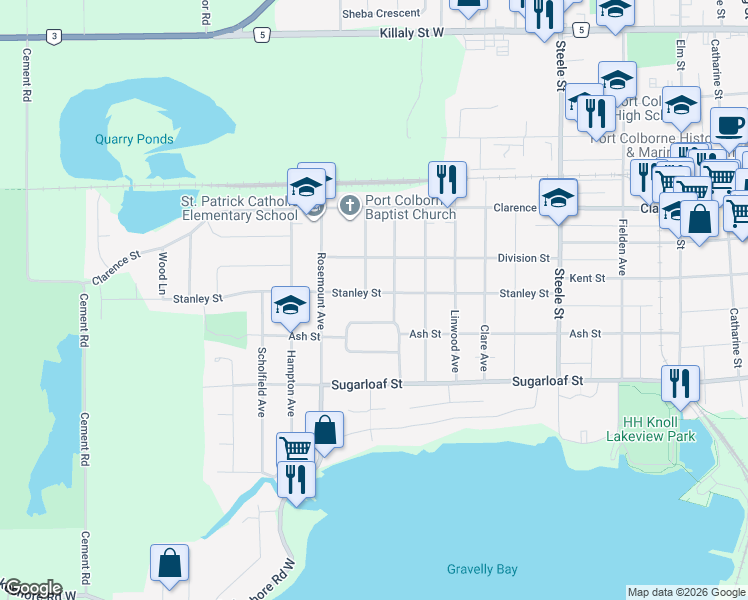 map of restaurants, bars, coffee shops, grocery stores, and more near 482 Stanley Street in Port Colborne