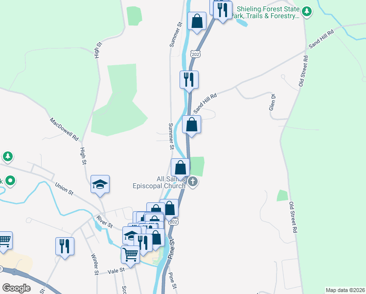 map of restaurants, bars, coffee shops, grocery stores, and more near 69 Concord Street in Peterborough