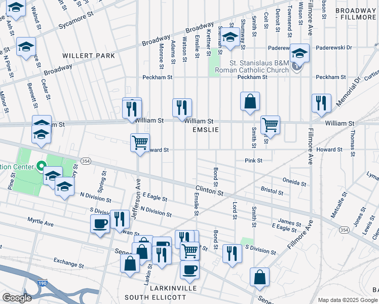 map of restaurants, bars, coffee shops, grocery stores, and more near 257 Emslie Street in Buffalo