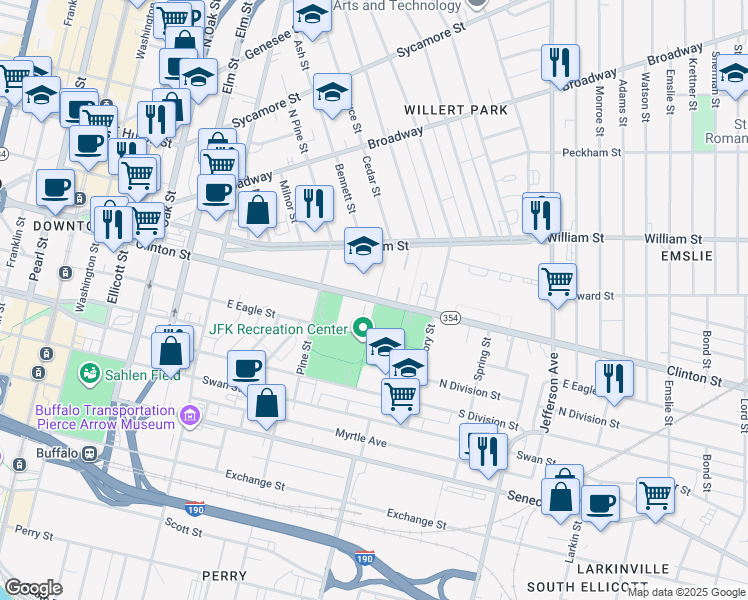 map of restaurants, bars, coffee shops, grocery stores, and more near 6 Essex Lane in Buffalo