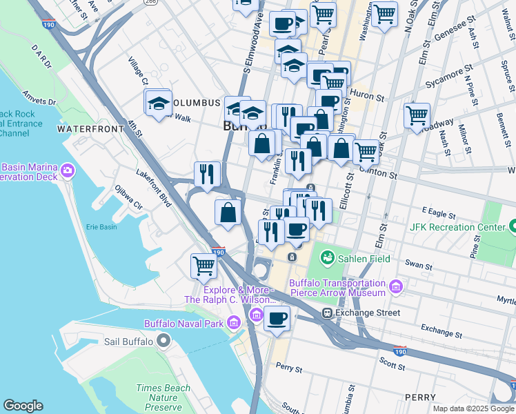 map of restaurants, bars, coffee shops, grocery stores, and more near 31 Church Street in Buffalo