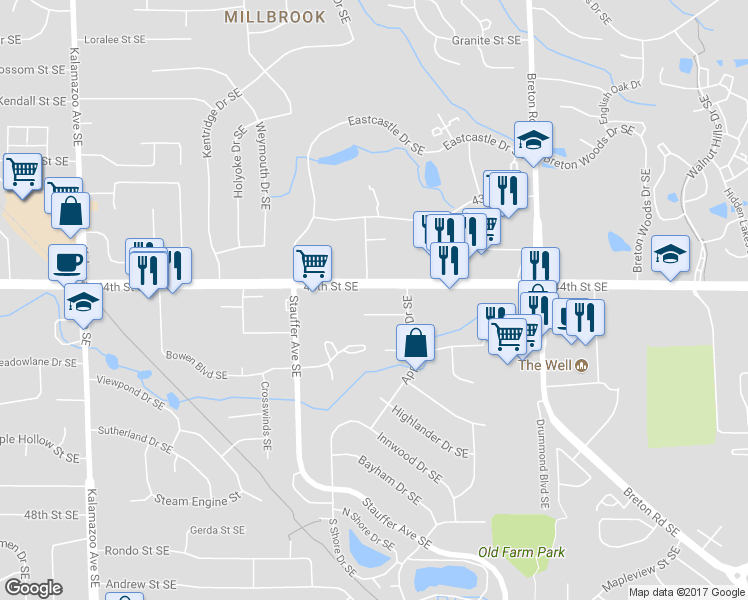map of restaurants, bars, coffee shops, grocery stores, and more near 2120 44th Street Southeast in Wyoming