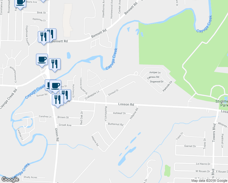 map of restaurants, bars, coffee shops, grocery stores, and more near 20 Elmleaf Drive in Buffalo