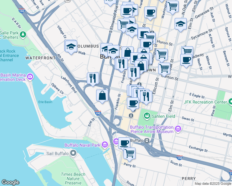 map of restaurants, bars, coffee shops, grocery stores, and more near 74 Franklin Street in Buffalo